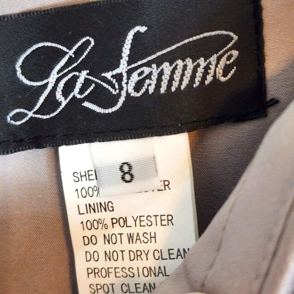 NWT La Femme 25996 Off the Shoulder Beaded Satin Trumpet Silver Gown Size 8 - Picture 7 of 16